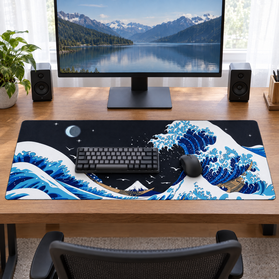 Blauwe Golf muismat op een bureau met monitor