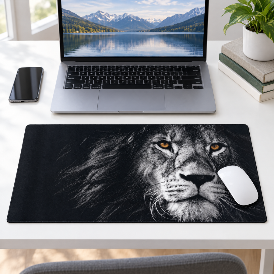 Leeuw muismat op een wit bureau met laptop