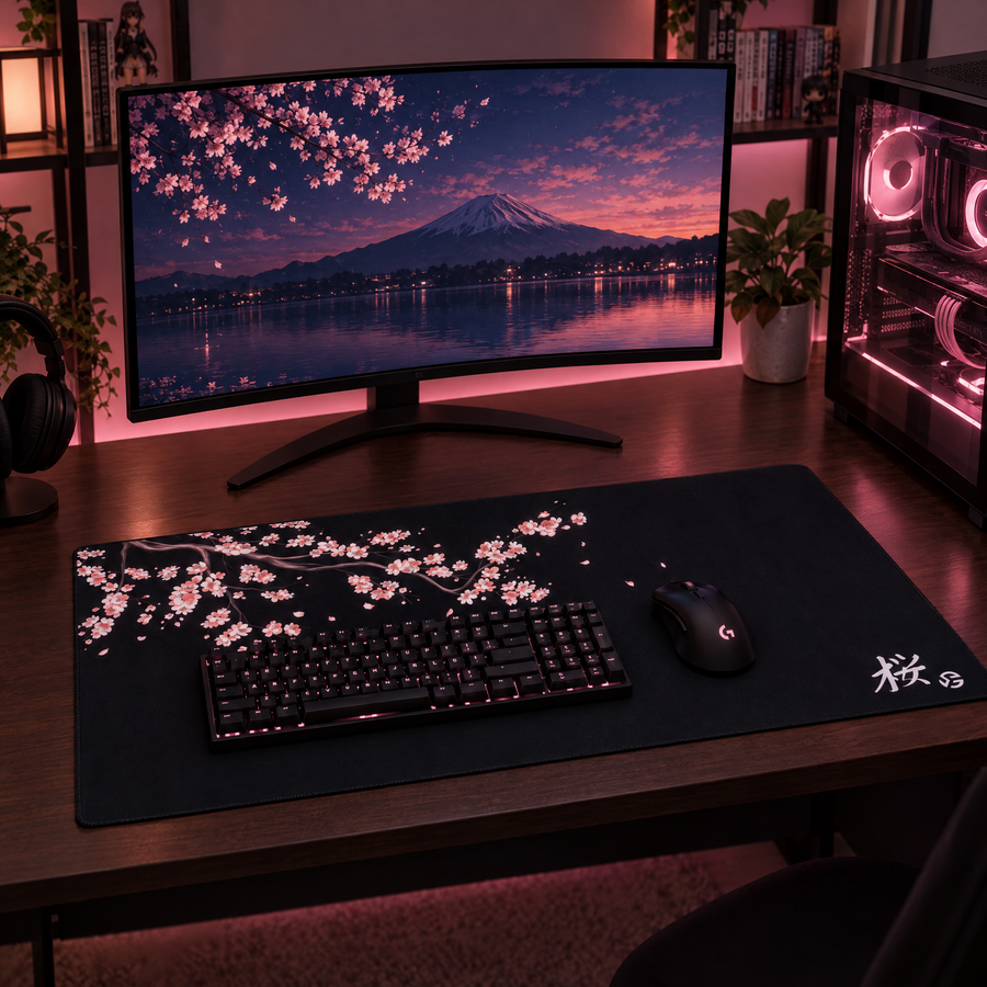 Japanse Bloesem muismat zwart in een gaming setup