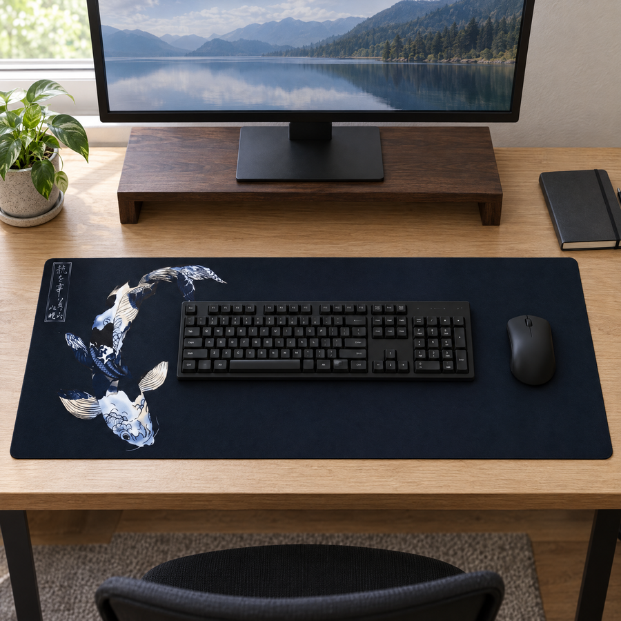 Japanse Koi muismat op een houten bureau met monitor